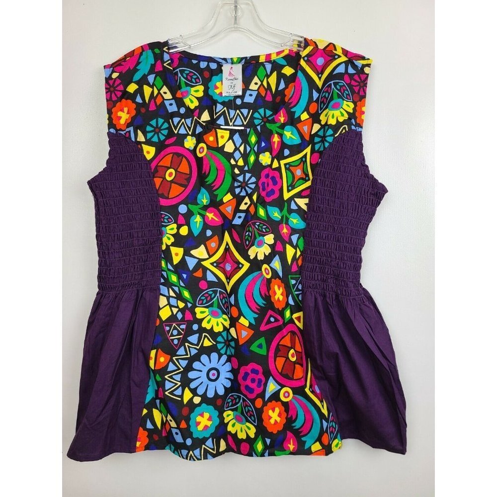 Neelam Womens Purple Multi Smocked Sleeveless Top African Print Blouse‎ One Size